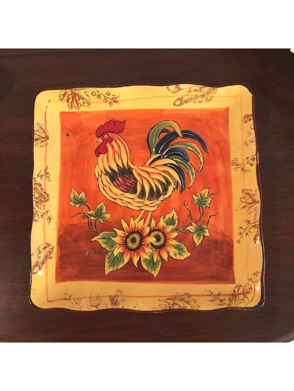 Orange Rooster Sunflower 11.5" Square Ceramic Serving Platter Farmhouse Decor